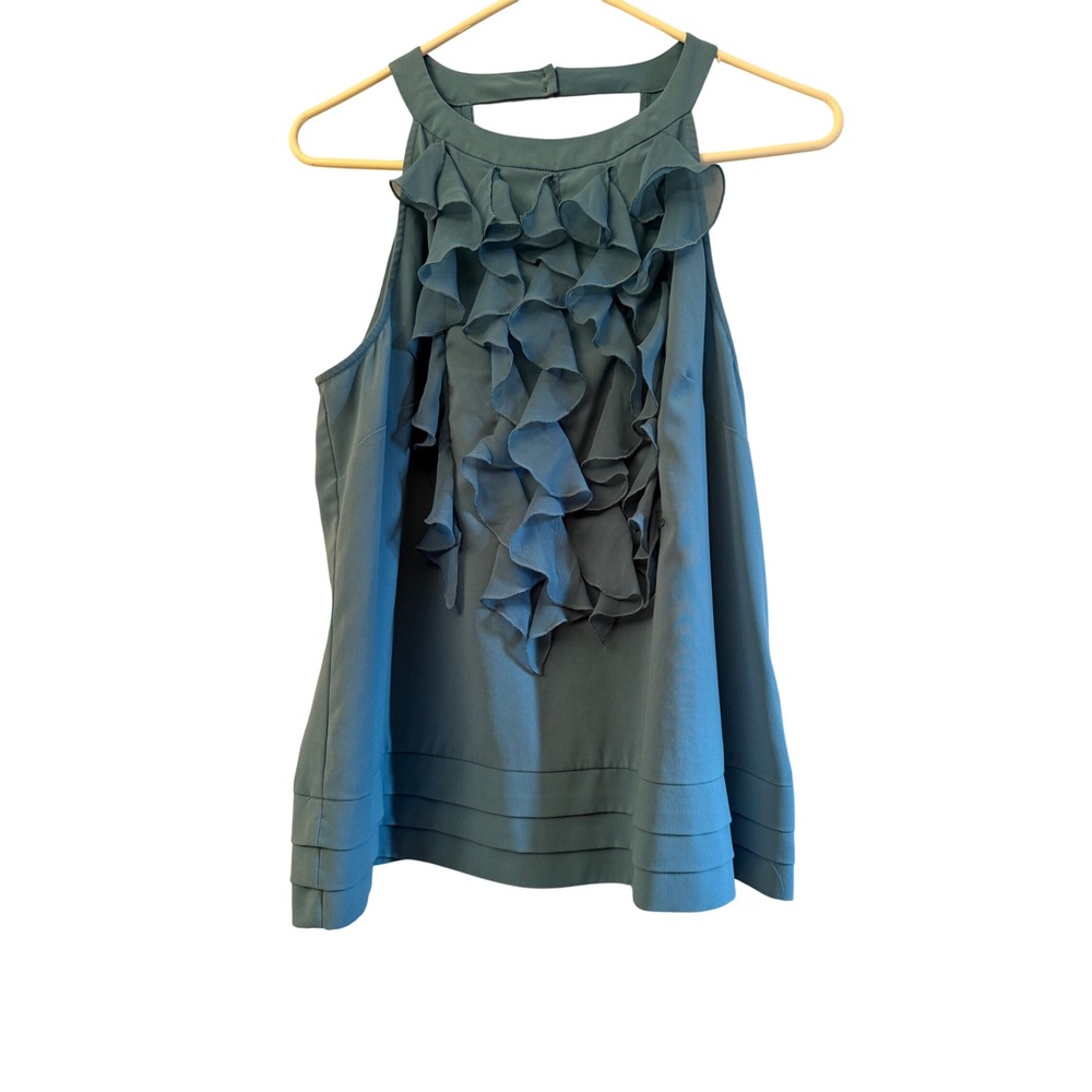 Kenar Teal Blue Ruffle Front Halter Blouse Sleeveless Pleated Hem Top Large